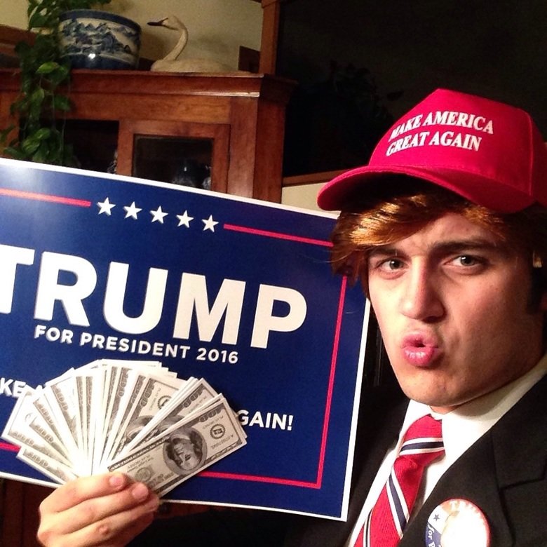 Donald Trump Halloween Costume!!. My homemade Donald Trump Halloween costume! 1: "Make America Great Again" hat 2: Realistic Play Money 3: Fake Gold R