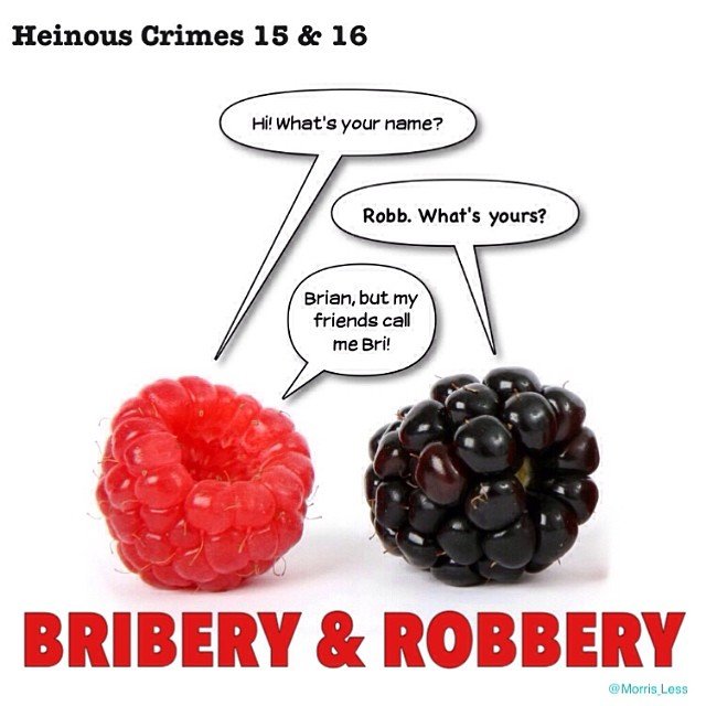 Heinous Crimes. Subscribe for more punny original content, because when it comes to puns, Morris Less.. crime #1 I t? eh, ms Lures. clocked in at 20 times the speed of sound, no survivors...