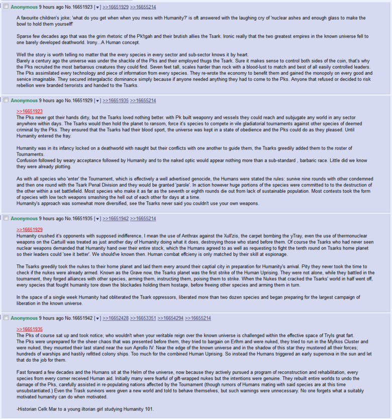 Humanity Fuck Yeah comp 3. . I‘ Anonymous ( Wed) 1 Replies: : Every race is a perfectly unified body" cliche I can' t sleep at night. It began after the Earthli